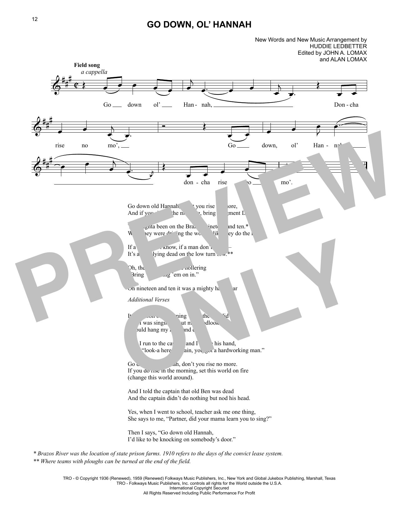 Lead Belly Go Down, Ol' Hannah sheet music notes printable PDF score