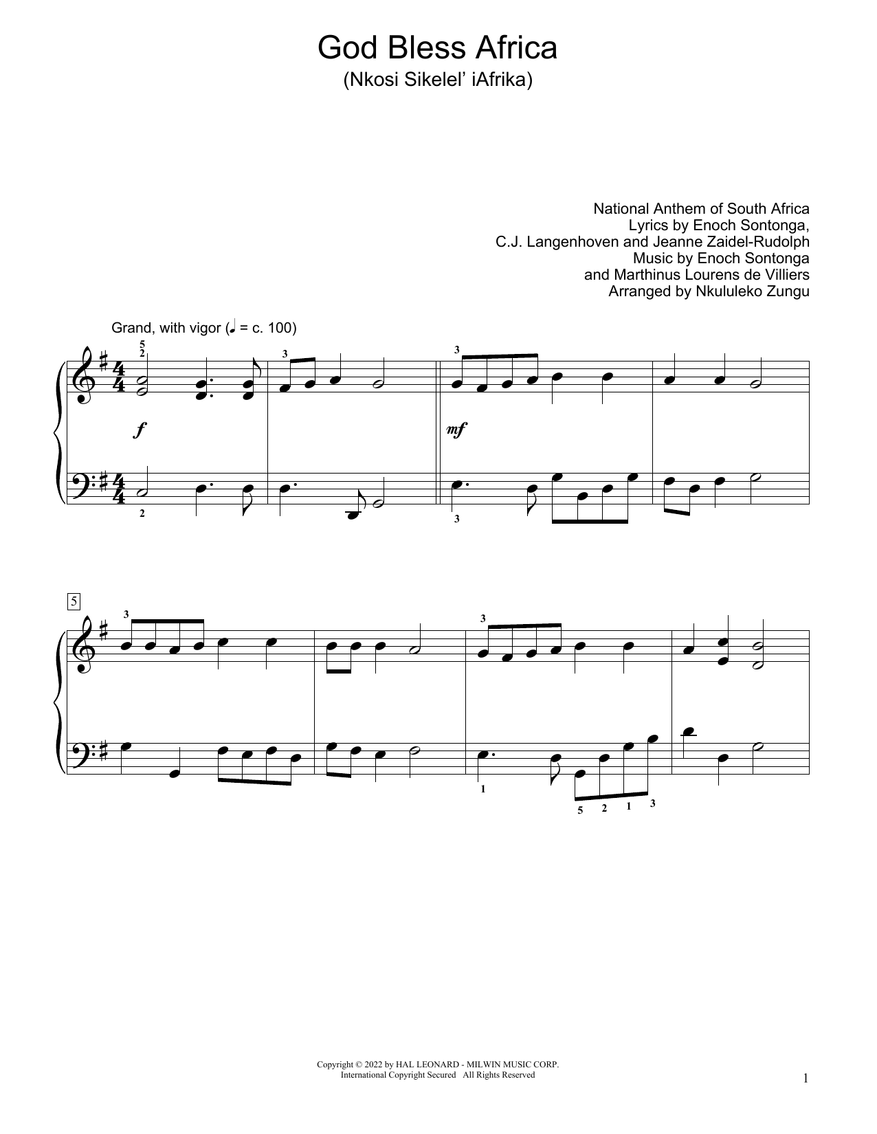 Download National Anthem of South Africa God Bless Africa (Nkosi Sikelel' Iafrik Sheet Music