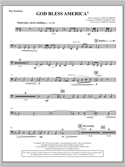 Download Joseph Martin God Bless America - Bass Trombone Sheet Music