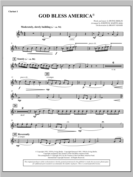Download Joseph Martin God Bless America - Bb Clarinet 1 Sheet Music