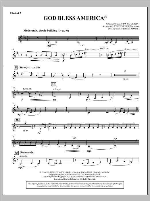 Download Joseph Martin God Bless America - Bb Clarinet 2 Sheet Music
