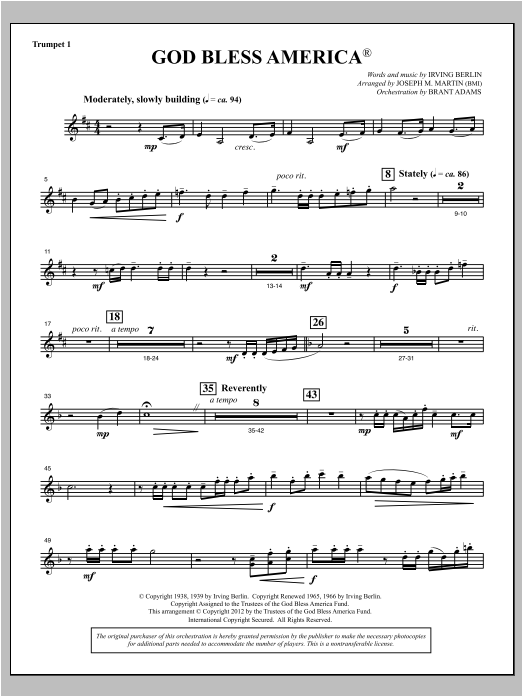 Download Joseph Martin God Bless America - Bb Trumpet 1 Sheet Music