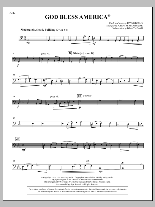 Download Joseph Martin God Bless America - Cello Sheet Music