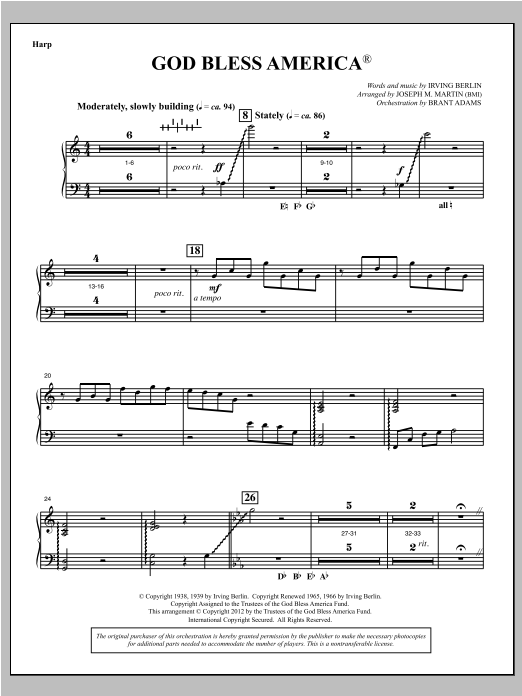 Download Joseph Martin God Bless America - Harp Sheet Music