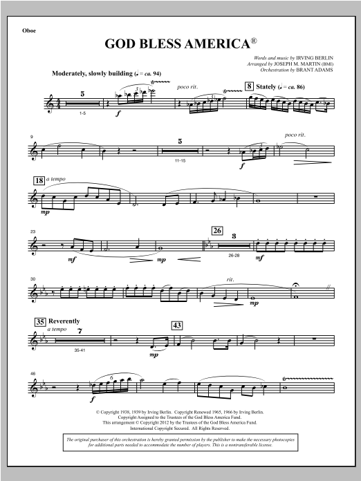 Download Joseph Martin God Bless America - Oboe Sheet Music