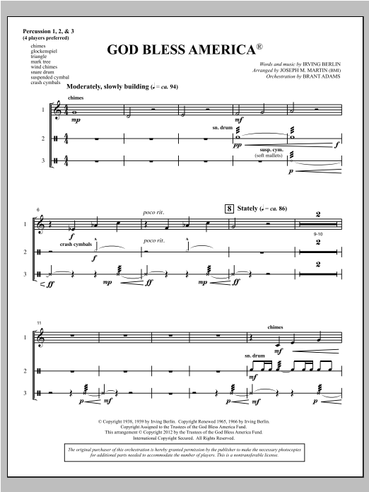 Download Joseph Martin God Bless America - Percussion 1,2,3 Sheet Music