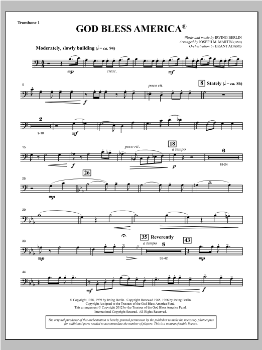 Download Joseph Martin God Bless America - Trombone 1 Sheet Music