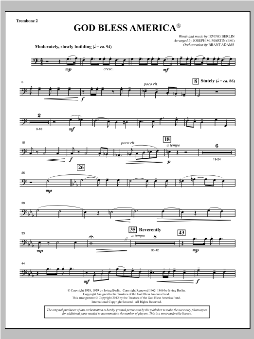 Download Joseph Martin God Bless America - Trombone 2 Sheet Music
