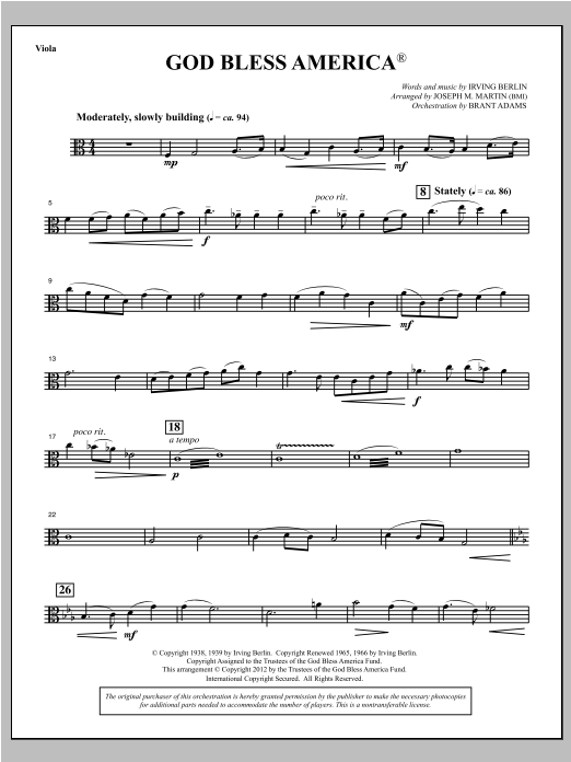 Download Joseph Martin God Bless America - Viola Sheet Music