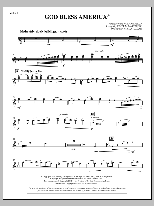 Download Joseph Martin God Bless America - Violin 1 Sheet Music
