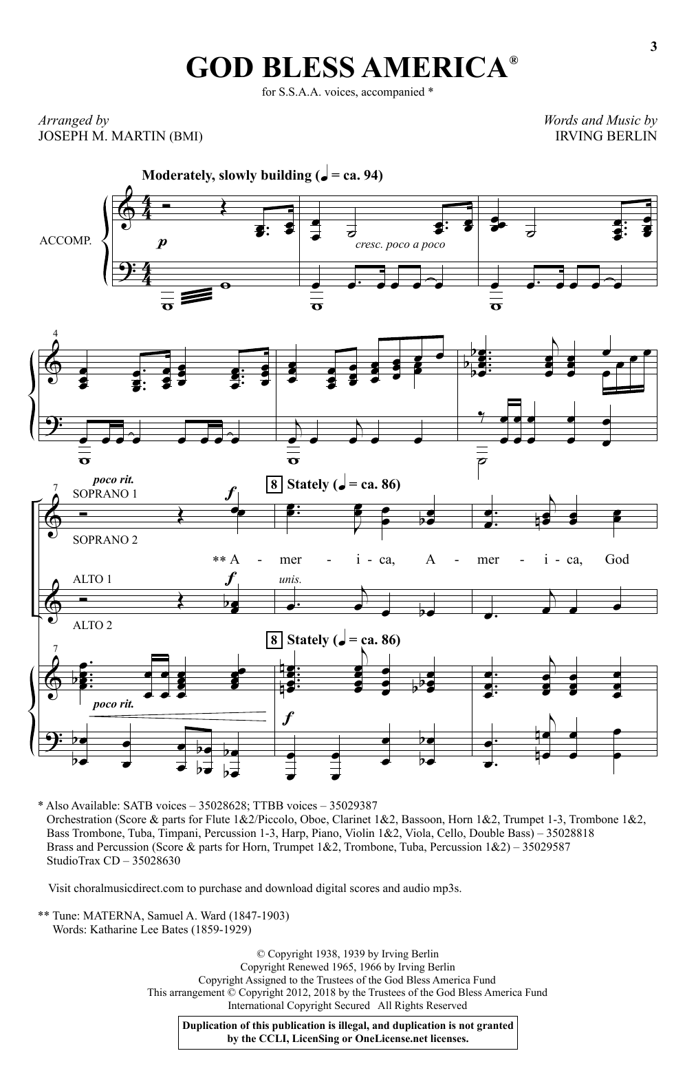 Download Irving Berlin God Bless America (arr. Joseph M. Marti Sheet Music