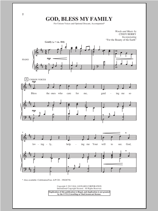 Download Cindy Berry God Bless My Family Sheet Music