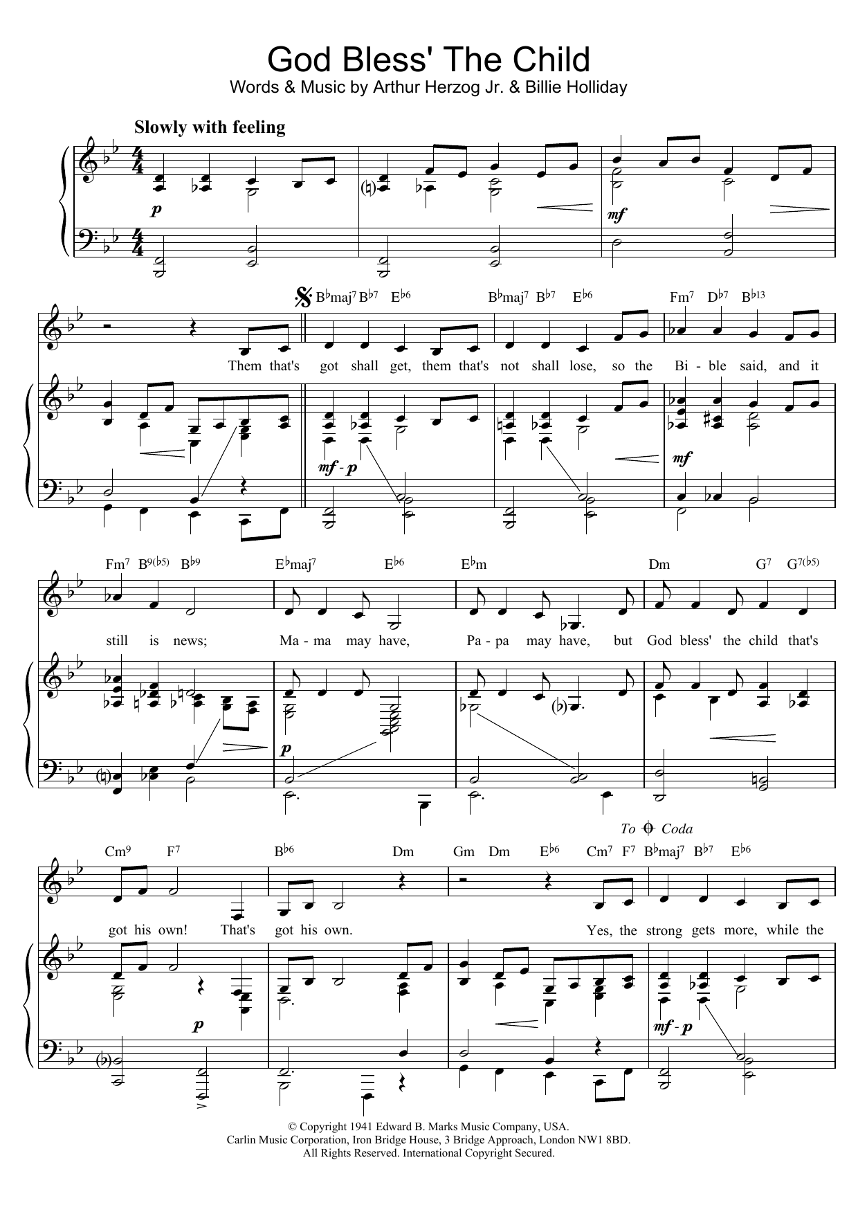 Download Billie Holiday God Bless' The Child Sheet Music
