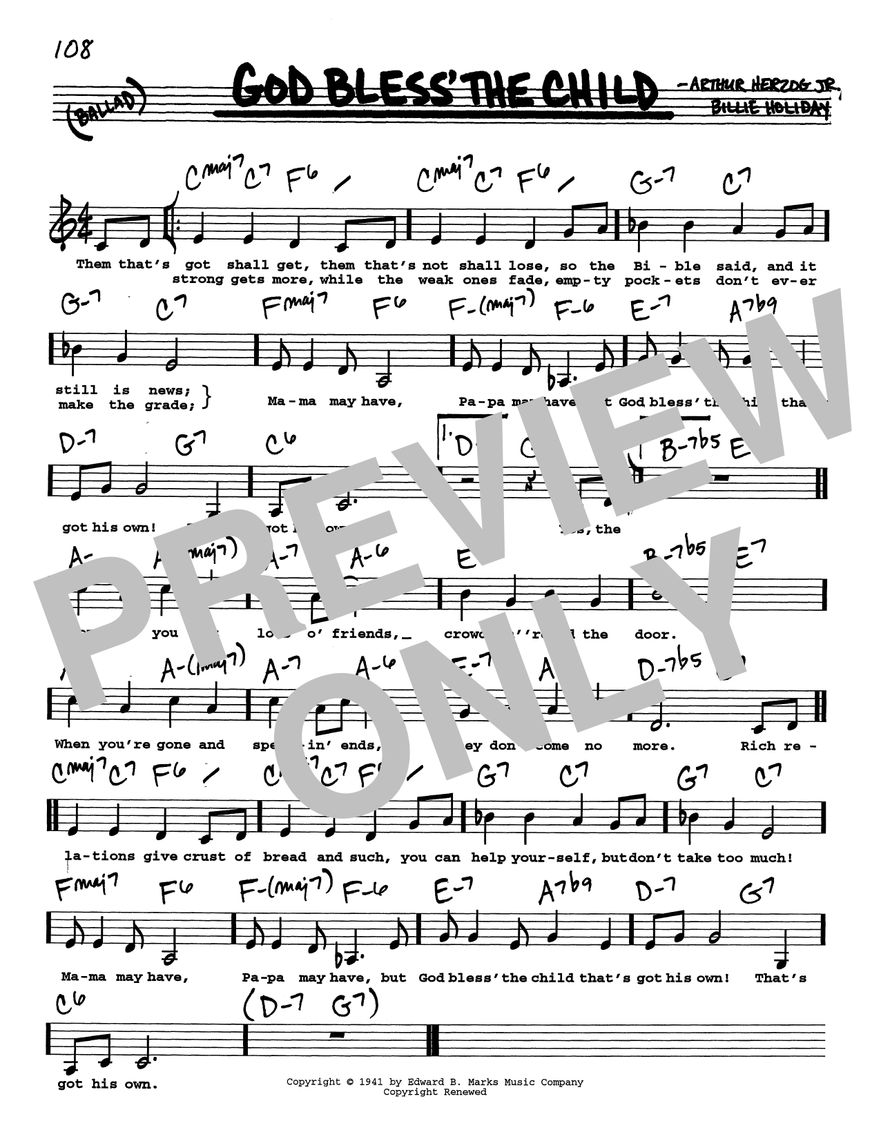 Billie Holiday God Bless' The Child (Low Voice) sheet music notes printable PDF score