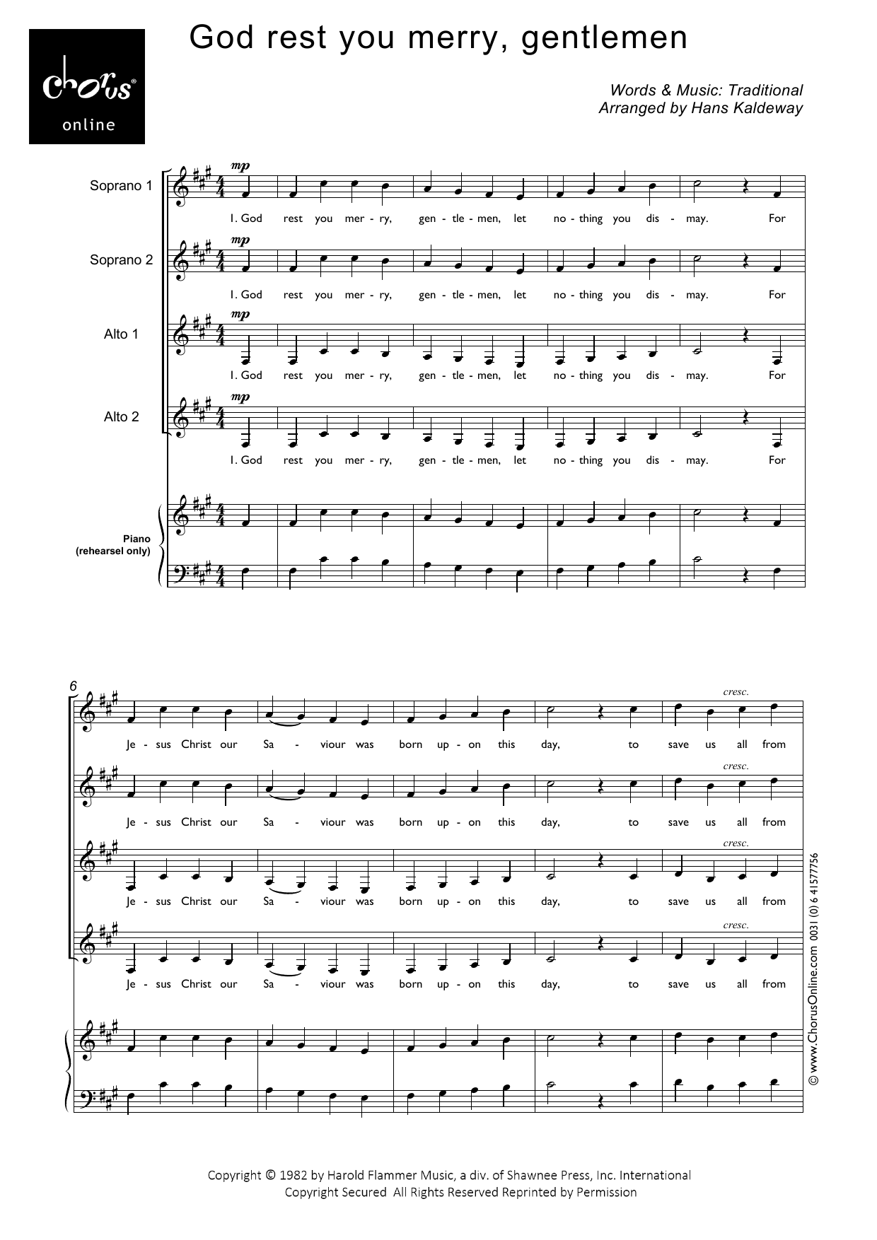 Traditional English Carol God Rest You Merry, Gentleman (arr. Hans Kaldeway) sheet music notes printable PDF score