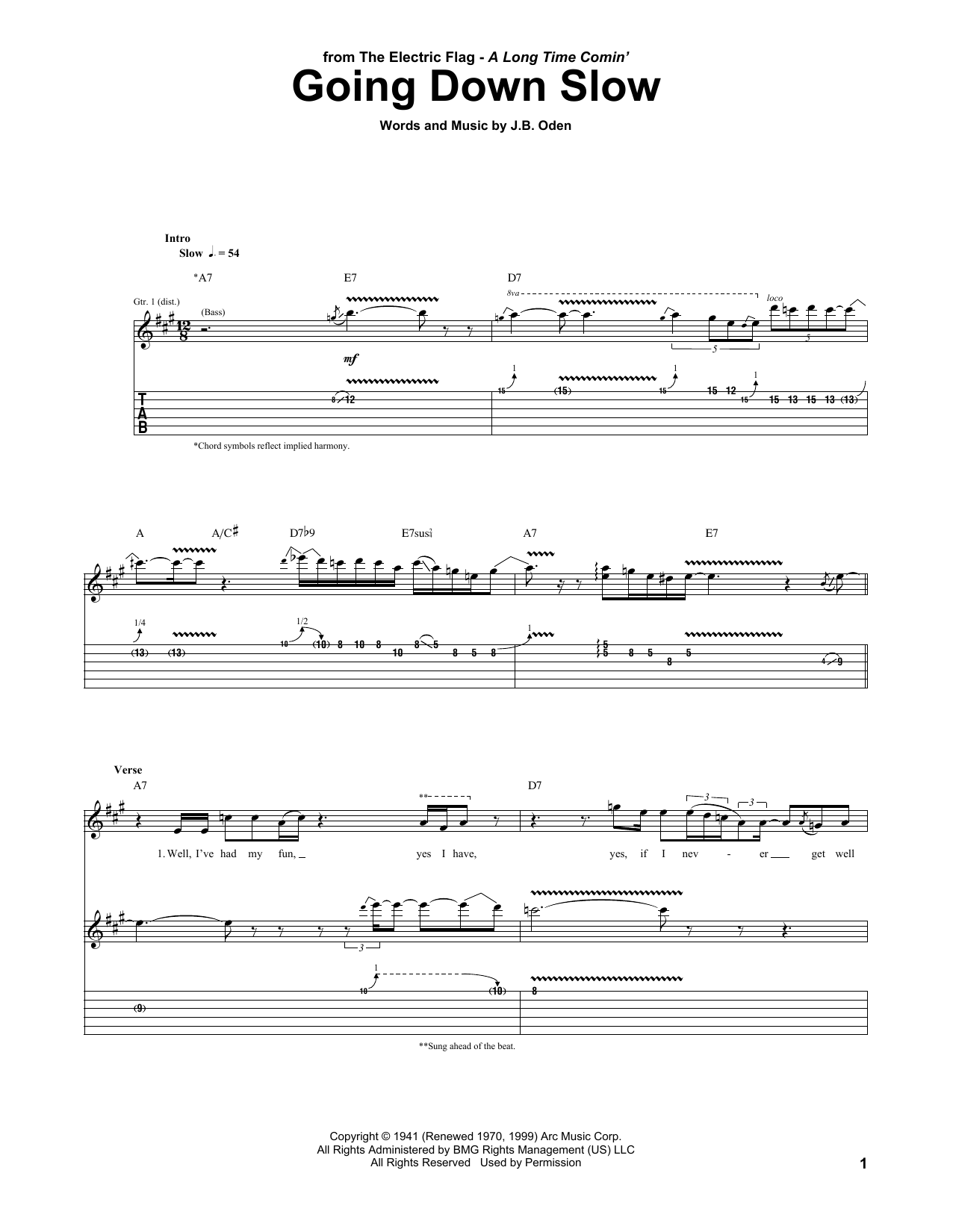 Download The Electric Flag Going Down Slow Sheet Music