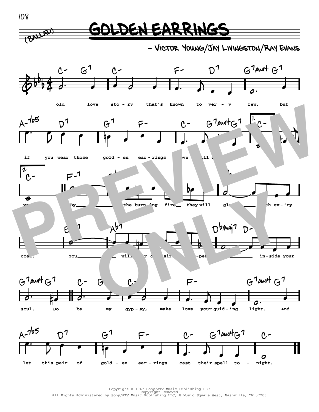 Download Peggy Lee Golden Earrings (High Voice) Sheet Music