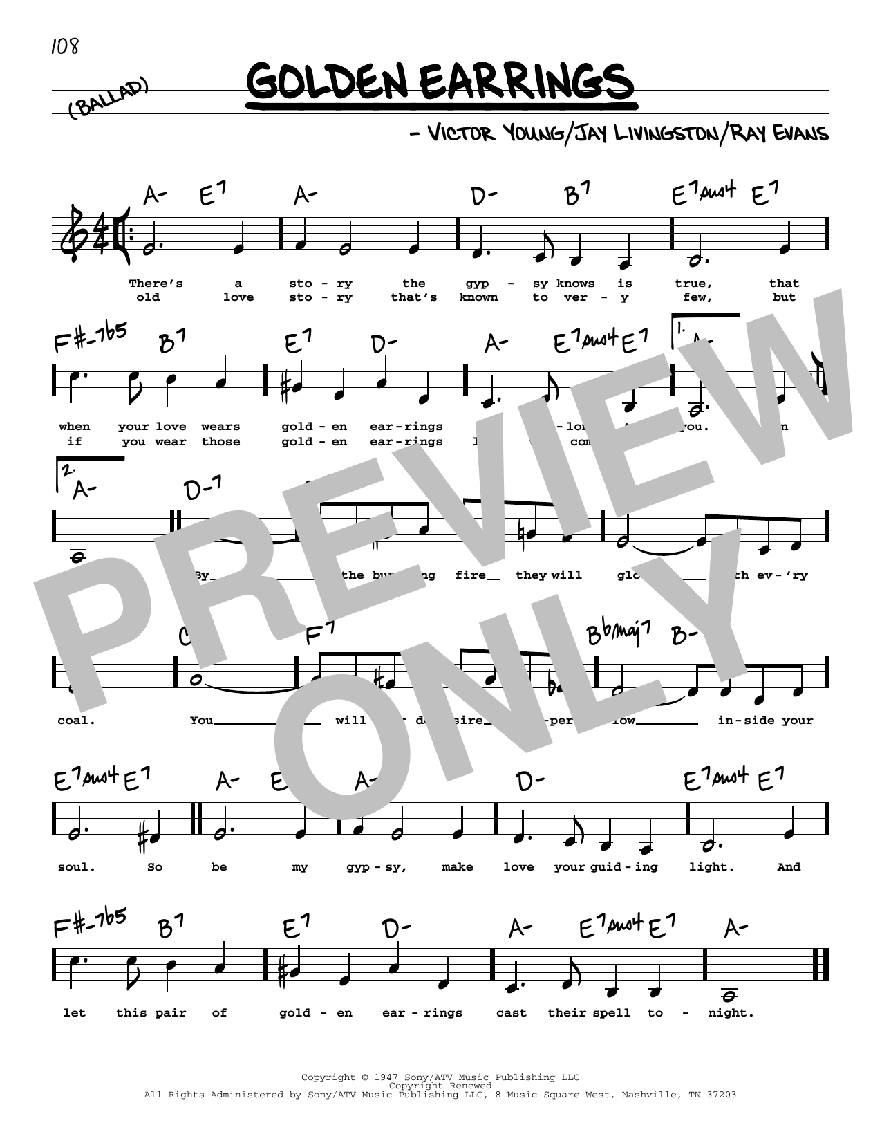 Peggy Lee Golden Earrings (Low Voice) sheet music notes printable PDF score