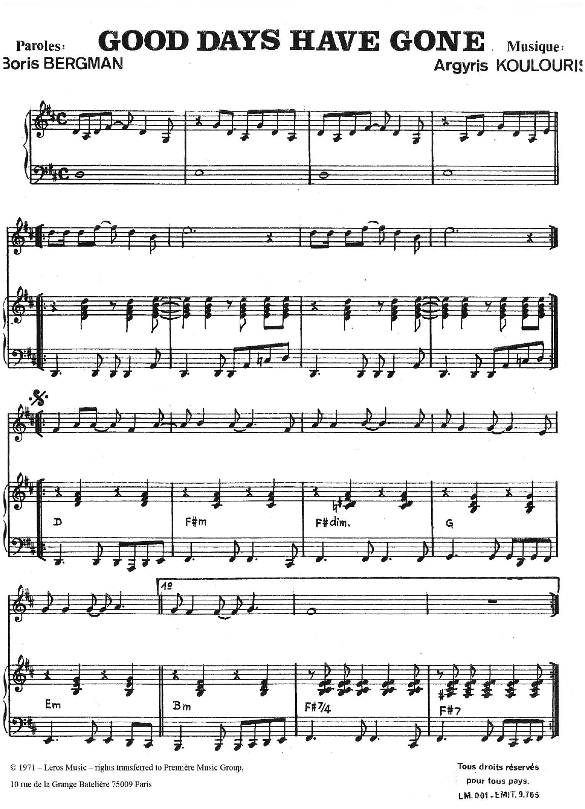 Download A Koulouris Good Days Have Gone Sheet Music