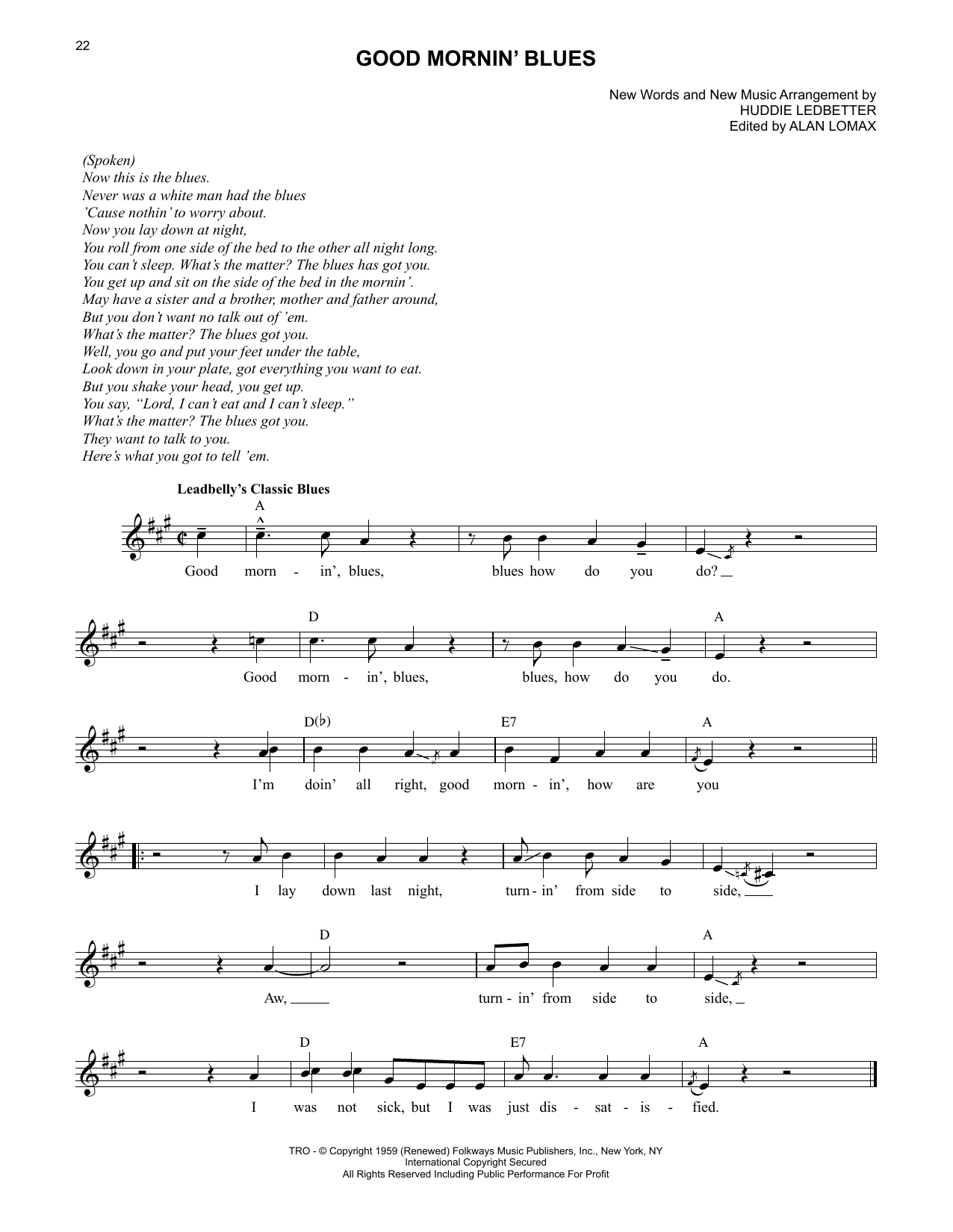 Lead Belly Good Mornin' Blues sheet music notes printable PDF score