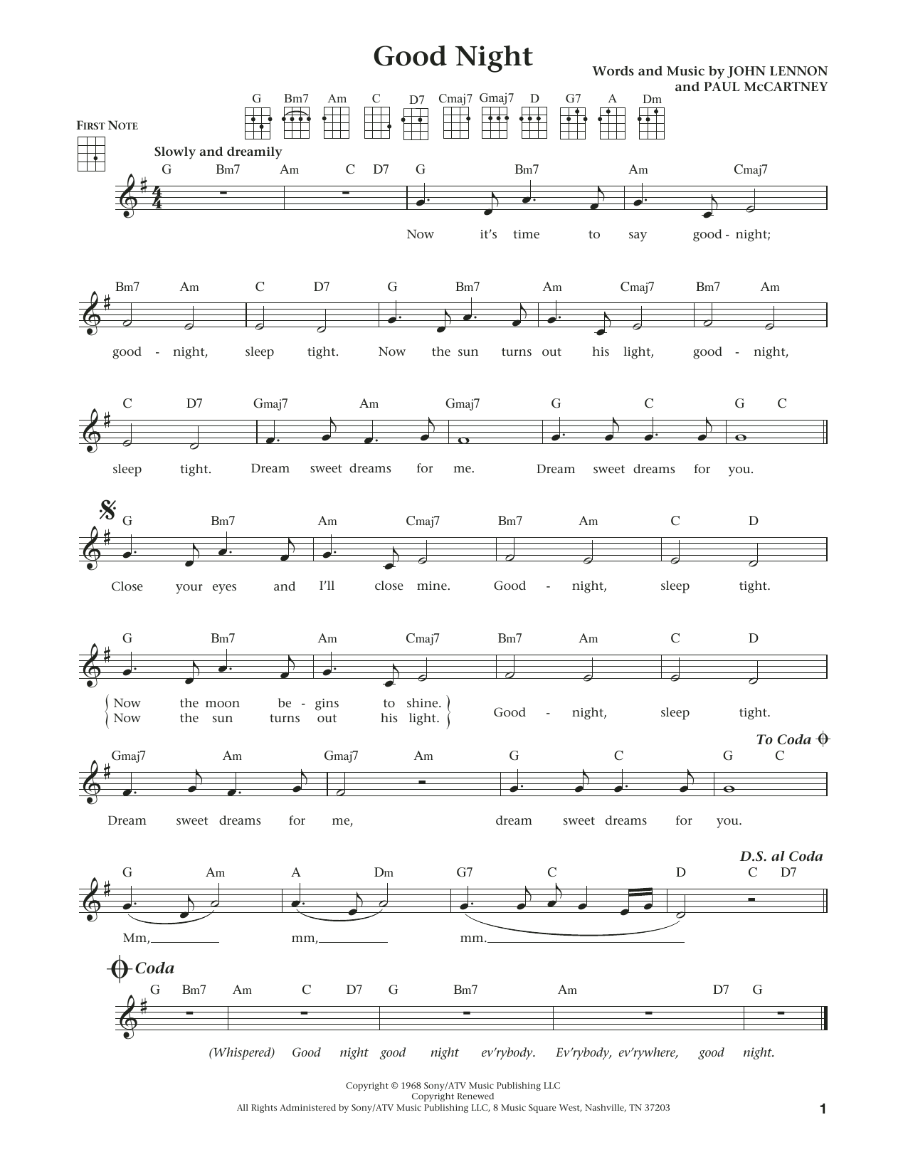 Download The Beatles Good Night (from The Daily Ukulele) (ar Sheet Music