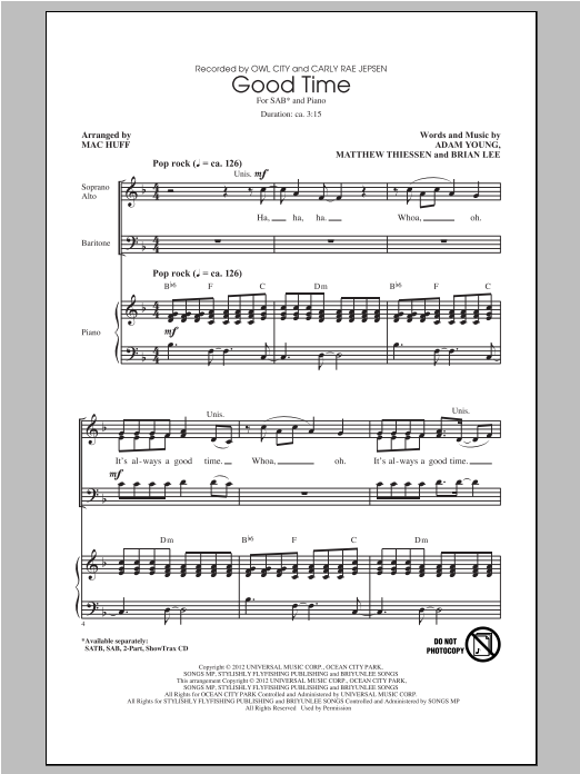 Download Owl City Good Time (arr. Mac Huff) (feat. Carly Sheet Music