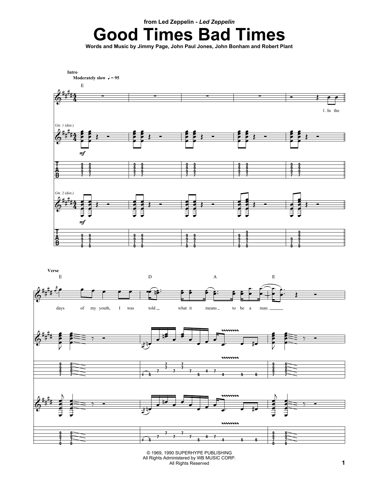 Download Led Zeppelin Good Times Bad Times Sheet Music
