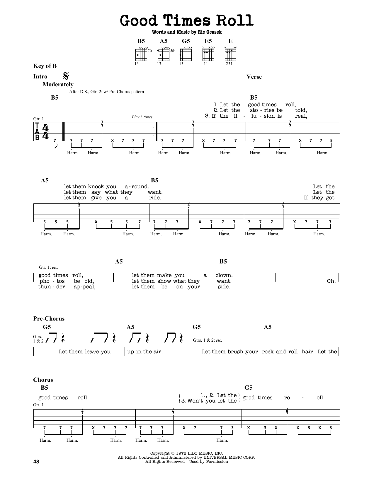 Download The Cars Good Times Roll Sheet Music