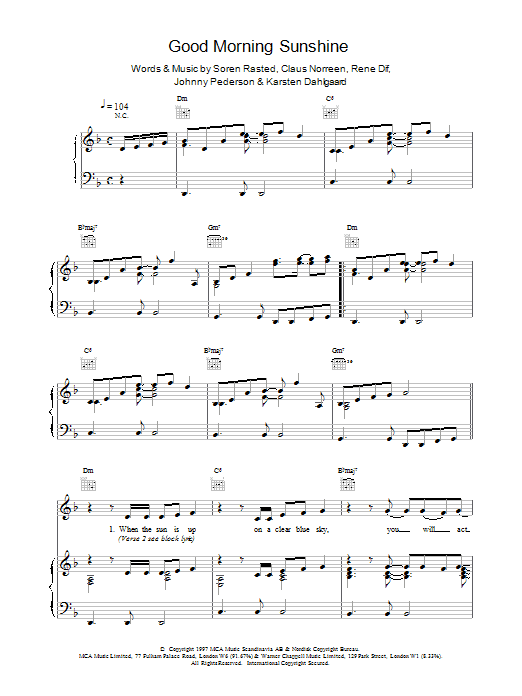 Aqua Good Morning Sunshine sheet music notes printable PDF score