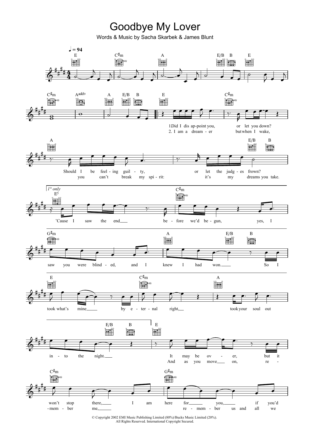 Download James Blunt Goodbye My Lover Sheet Music