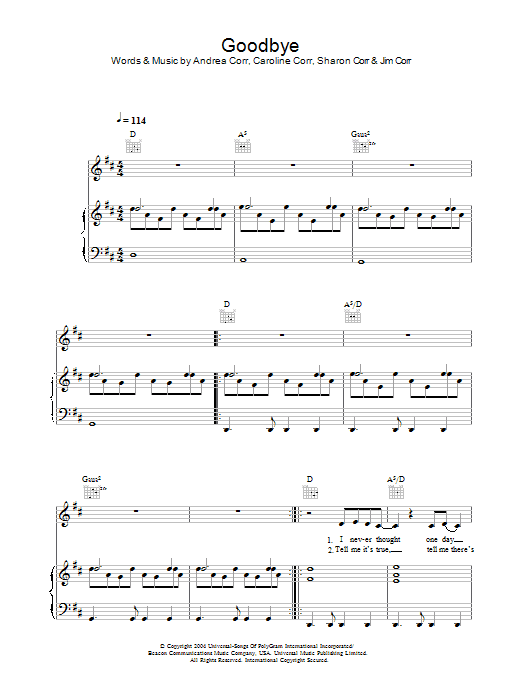 Download The Corrs Goodbye Sheet Music