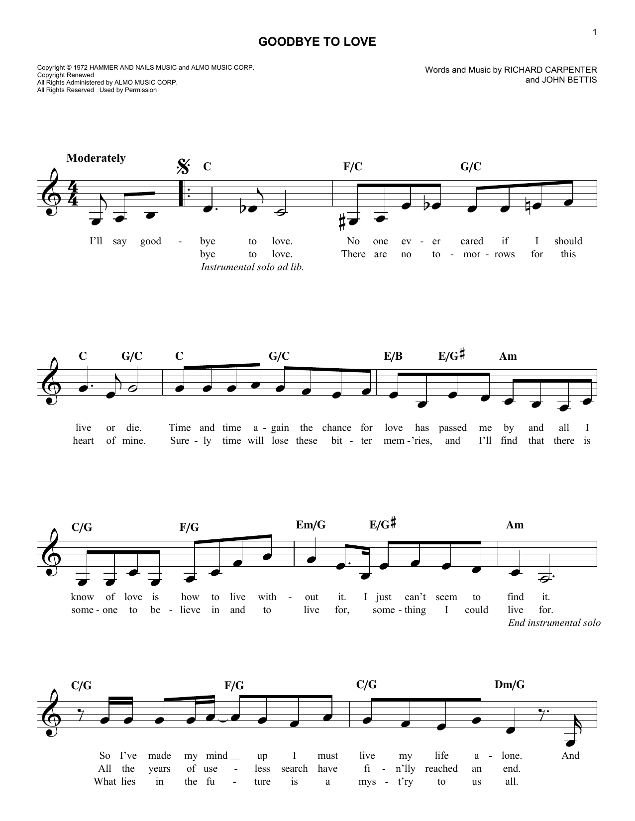 Download The Carpenters Goodbye To Love Sheet Music