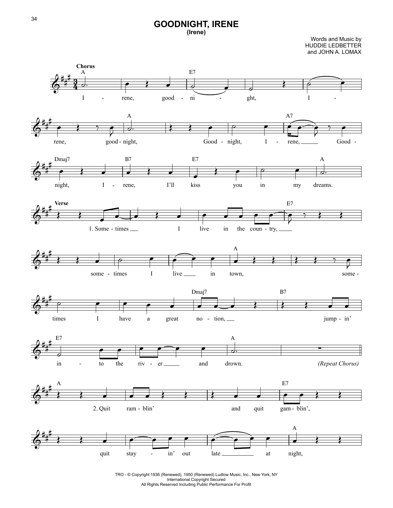 Download Lead Belly Goodnight, Irene Sheet Music