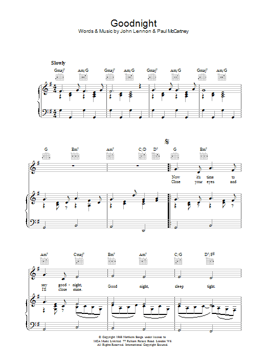 The Beatles Goodnight sheet music notes printable PDF score