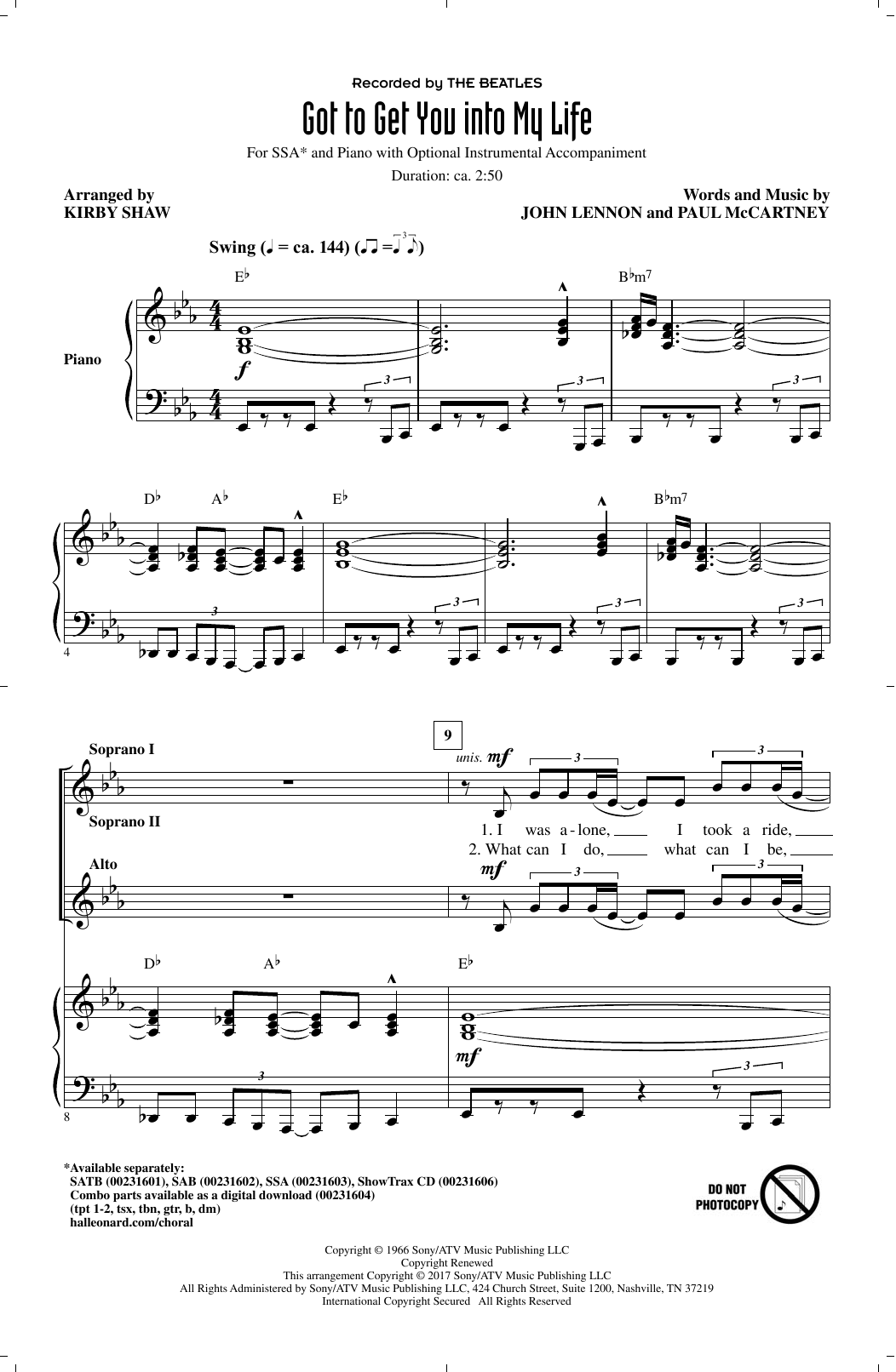 Download The Beatles Got To Get You Into My Life (arr. Kirby Sheet Music