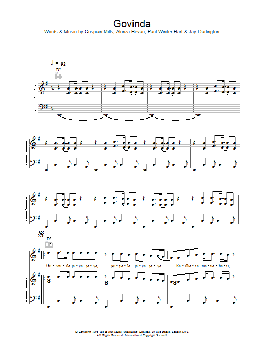 Kula Shaker Govinda sheet music notes printable PDF score