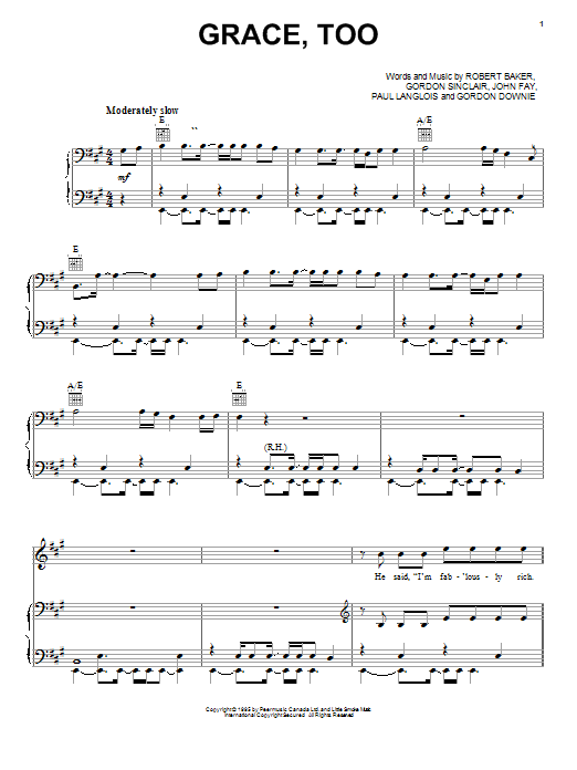 Download Tragically Hip Grace, Too Sheet Music