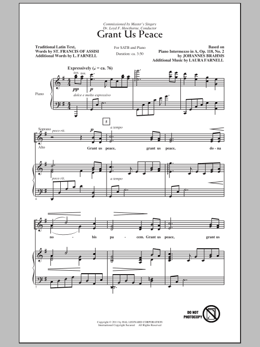 Download Johannes Brahms Grant Us Peace (arr. Laura Farnell) Sheet Music