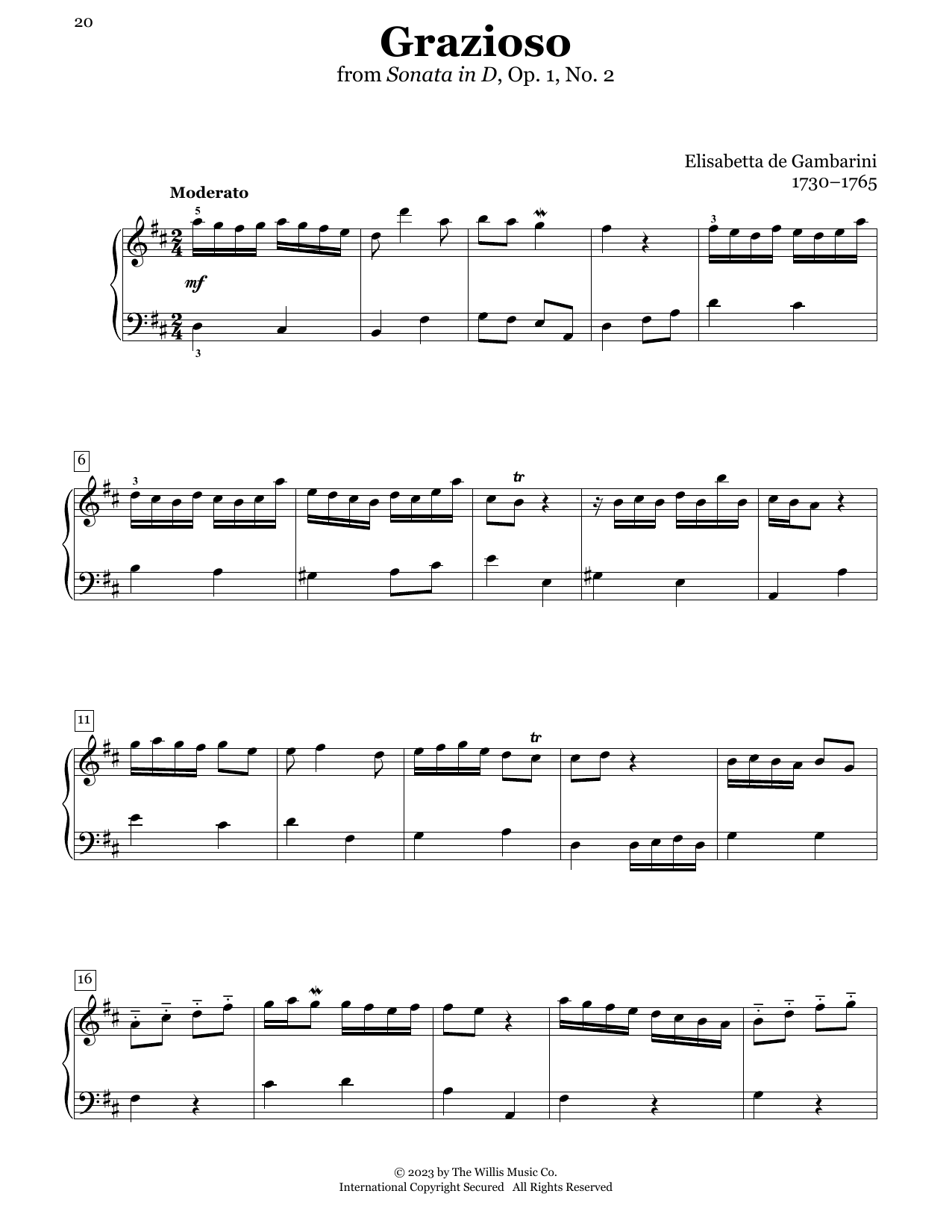 Elisabetta de Gambarini Grazioso, Op. 1, No. 2 sheet music notes printable PDF score