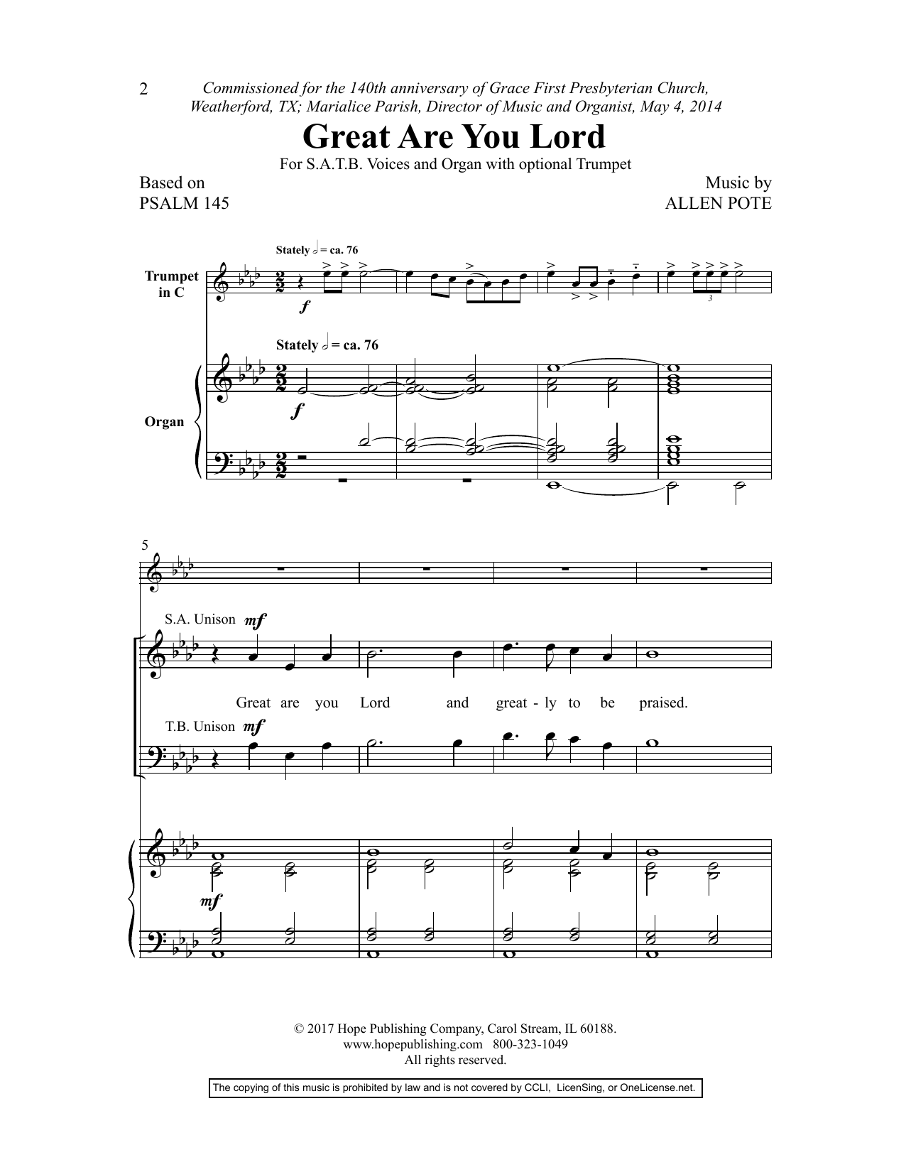 Download Allen Pote Great Are You Lord Sheet Music