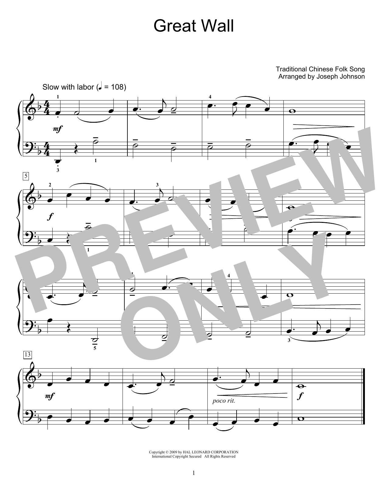 Download Traditional Chinese Folk Song Great Wall (arr. Joseph Johnson) Sheet Music