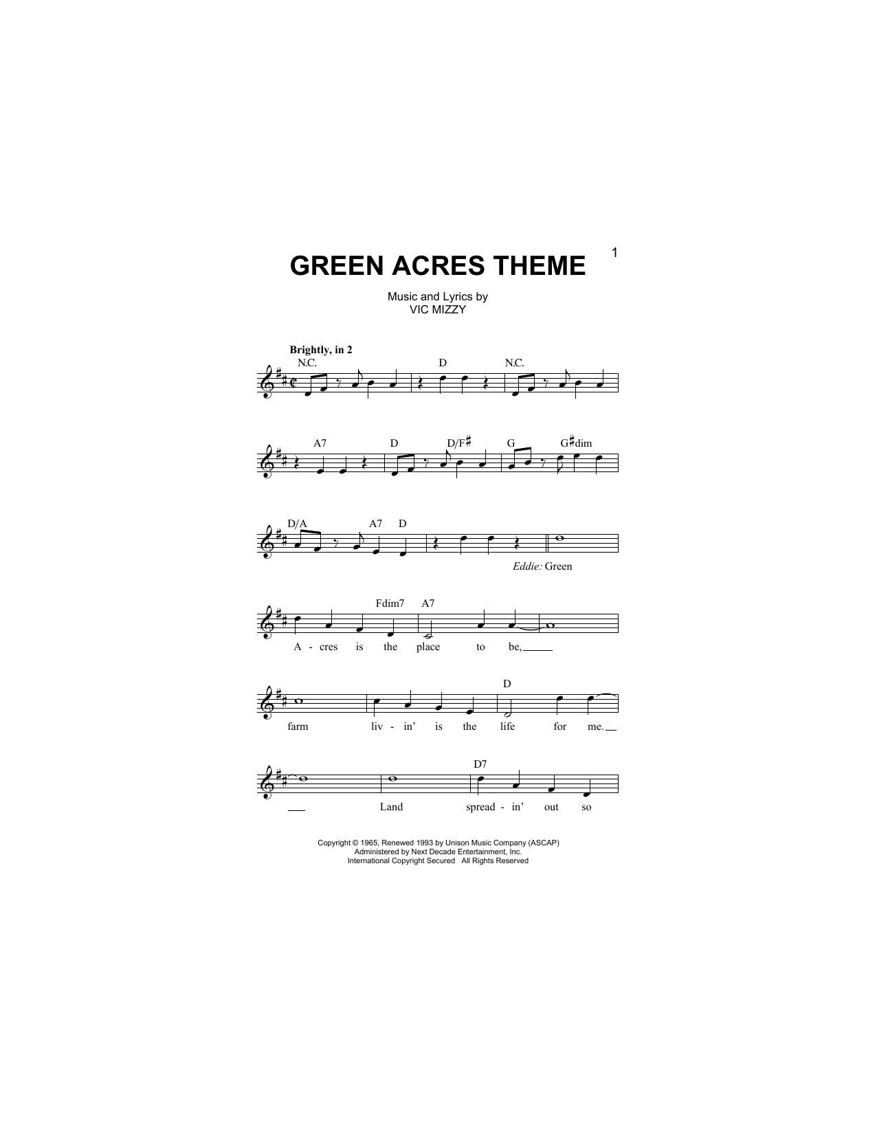 Download Vic Mizzy Green Acres Theme Sheet Music
