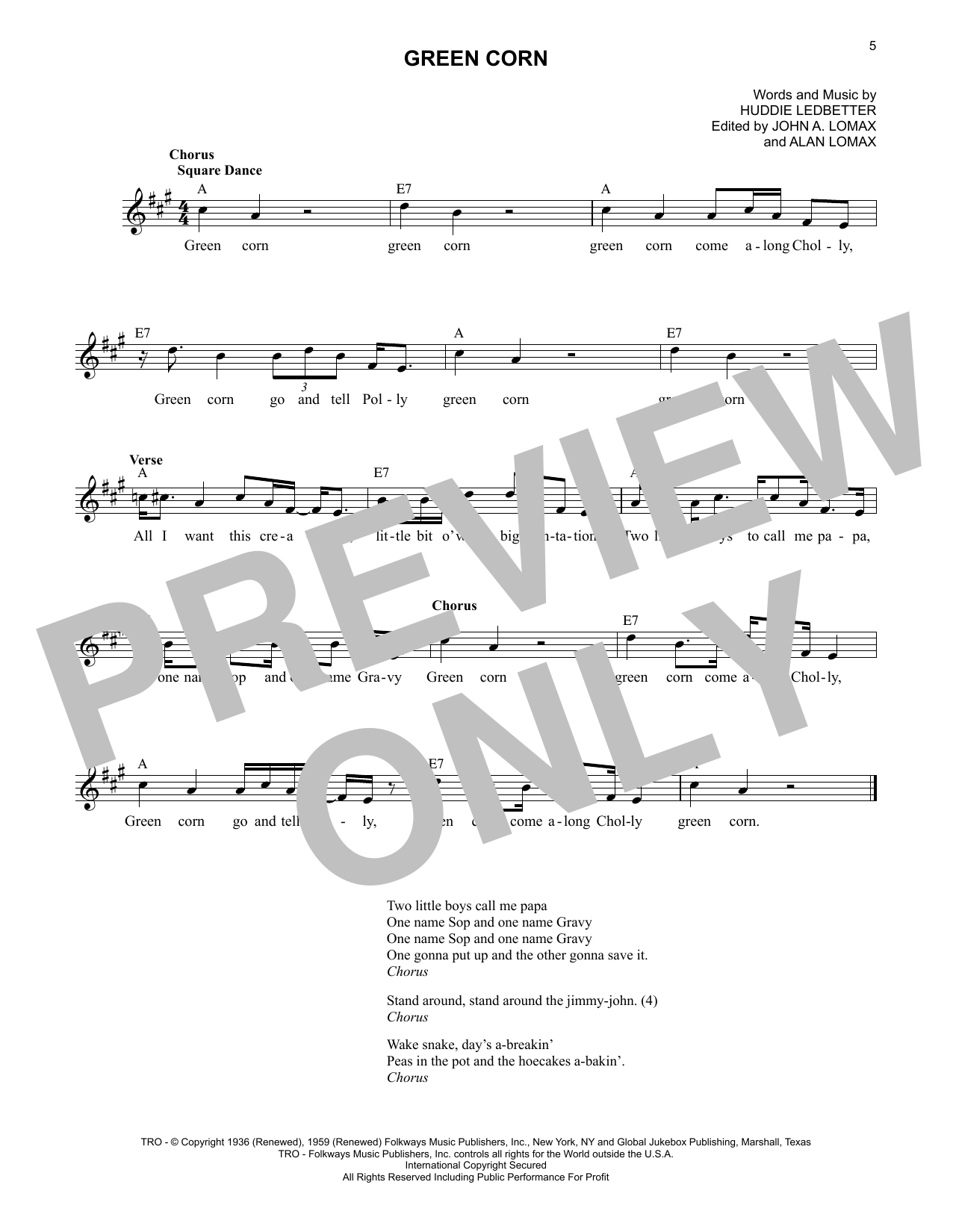 Lead Belly Green Corn sheet music notes printable PDF score