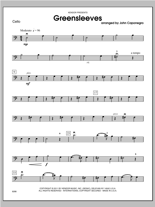 Download Caponegro Greensleeves - Cello Sheet Music