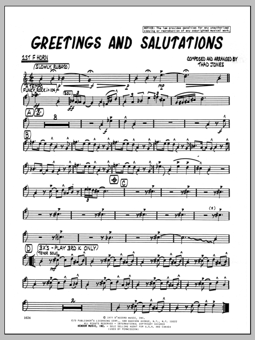 Download Thad Jones Greetings And Salutations - 1st F Horn Sheet Music