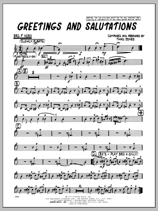 Download Thad Jones Greetings And Salutations - 3rd F Horn Sheet Music