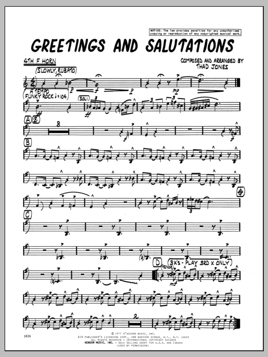 Download Thad Jones Greetings And Salutations - 4th F Horn Sheet Music