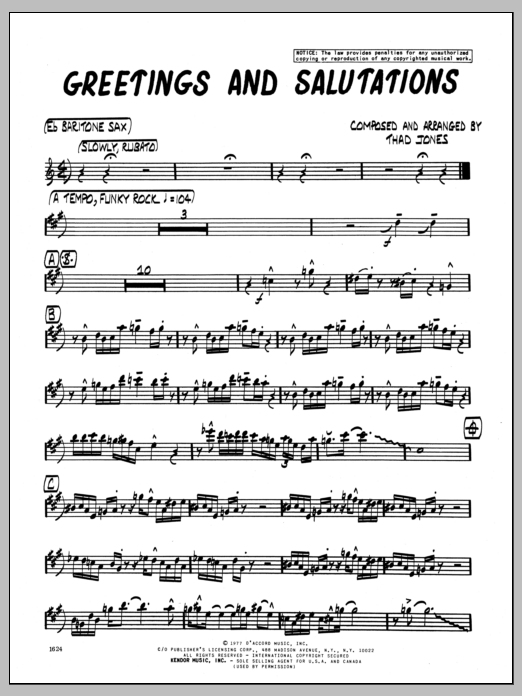 Download Thad Jones Greetings And Salutations - Baritone Sa Sheet Music