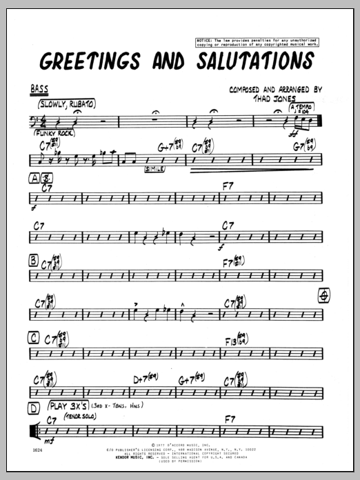 Download Thad Jones Greetings And Salutations - Bass Sheet Music