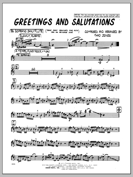 Download Thad Jones Greetings And Salutations - Bb Soprano Sheet Music